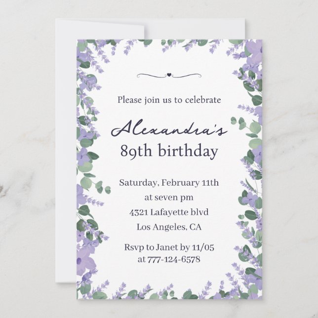 Elegant Lavender Floral Frame 89th birthday Invitation (Front)