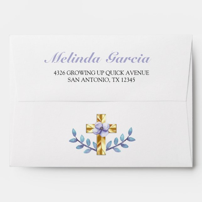 Elegant Lavender Floral Gold Cross Baby Baptism Envelope (Back (Top Flap))