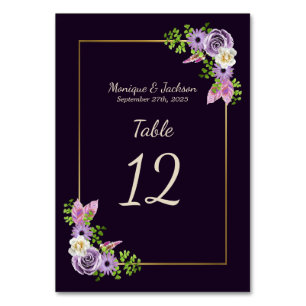 Elegant Lavender Floral Gold Frame Purple Wedding Table Number