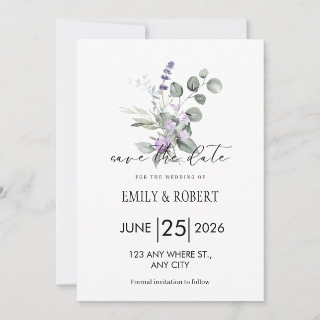 Elegant Lavender Floral Minimalist Save the Date (Front)