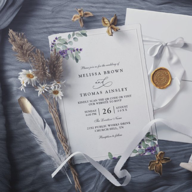 Elegant Lavender Floral Modern QR Code Wedding Invitation (Creator Uploaded)