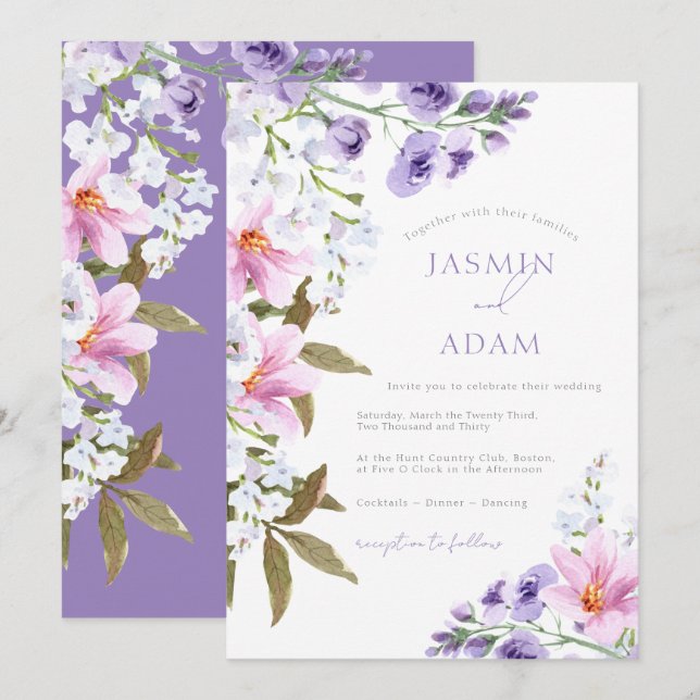 Elegant Lavender Floral Monogram Wedding Invitation (Front/Back)