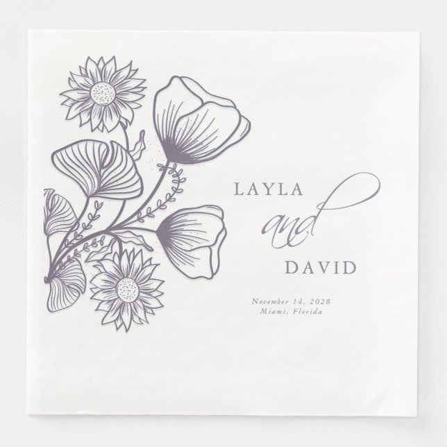 Elegant Lavender Floral Outline Wedding Napkin (Front)