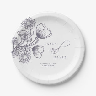 Elegant Lavender Floral Outline Wedding Paper Plate