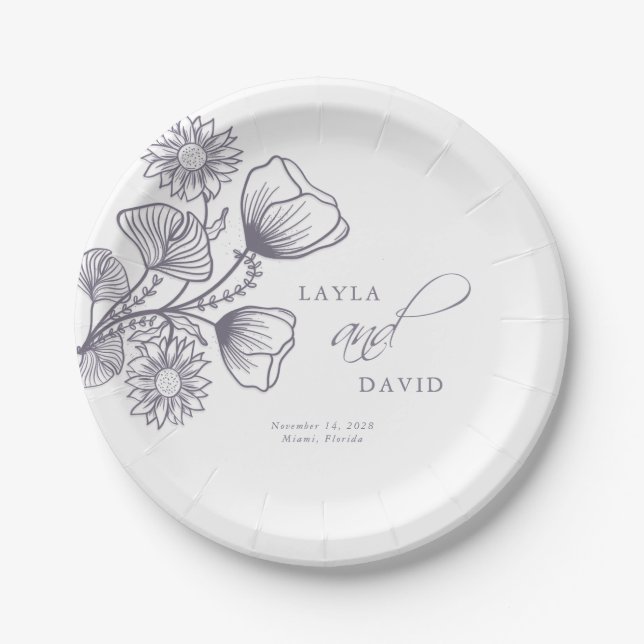 Elegant Lavender Floral Outline Wedding Paper Plate (Front)