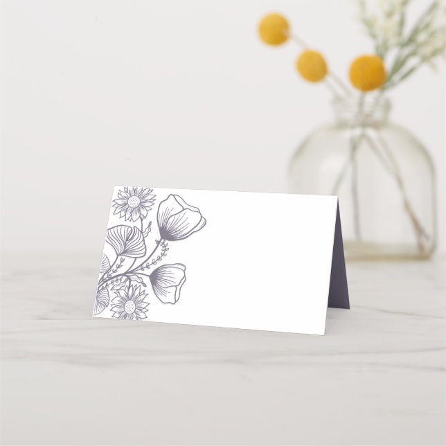 Elegant Lavender Floral Outline Wedding Place Card (Front)