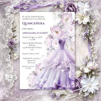 Elegant Lavender Floral Quinceañera Ball Gown | Invitation