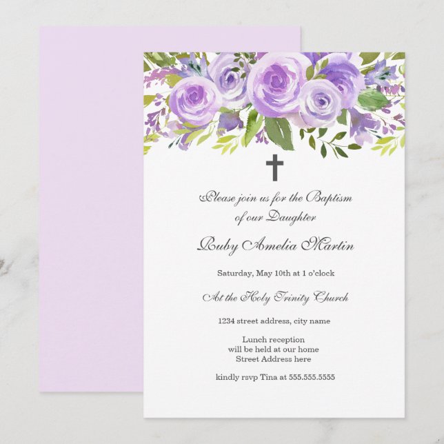 Elegant Lavender Floral Rose Baptism Invitation (Front/Back)