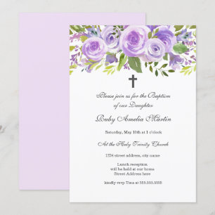 Elegant Lavender Floral Rose Baptism Invitation