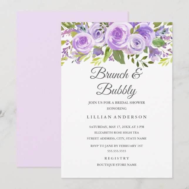 Elegant Lavender Floral Rose Brunch And Bubbly Invitation (Front/Back)