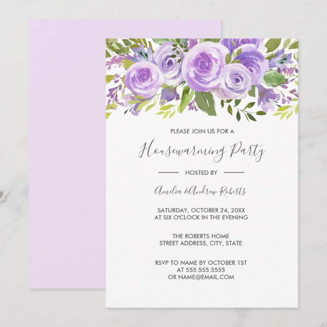 Elegant Lavender Floral Rose Housewarming Invitation (Front/Back)
