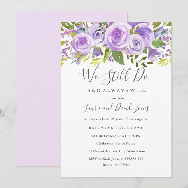 Elegant Lavender Floral Rose Wedding Vow Renewal Invitation (Front/Back)