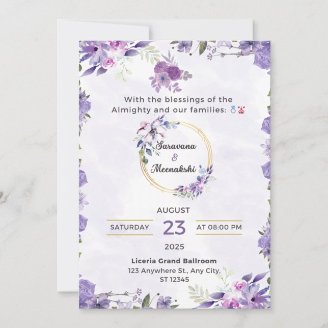 Elegant Lavender Floral Wedding Invitation  (Front)