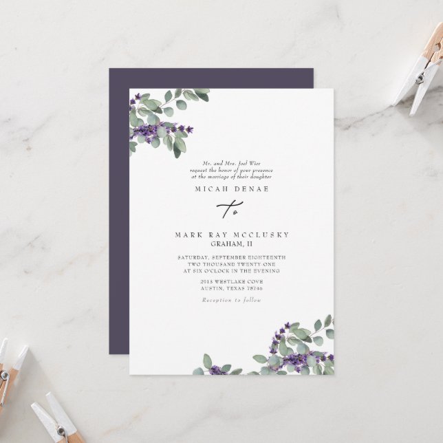 Elegant Lavender Floral Wedding Invitation (Front/Back In Situ)