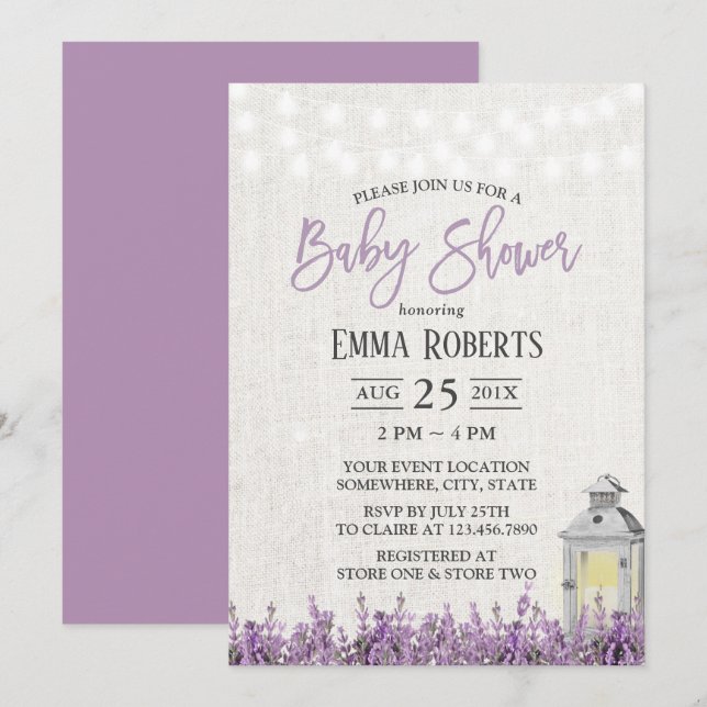 Elegant Lavender Floral White Lantern Baby Shower Invitation (Front/Back)