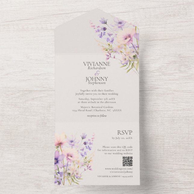 Elegant Lavender Floral Wildflowers QR RSVP  All In One Invitation (Inside)