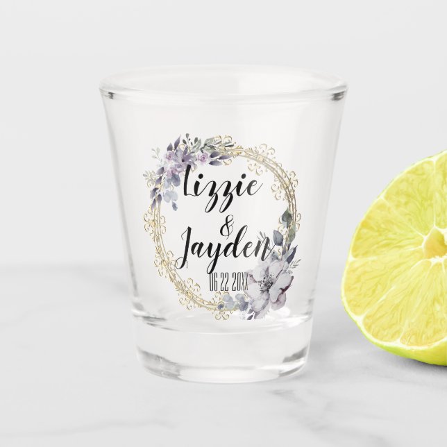 Elegant Lavender Floral Wreath Wedding  Shot Glass (Front)