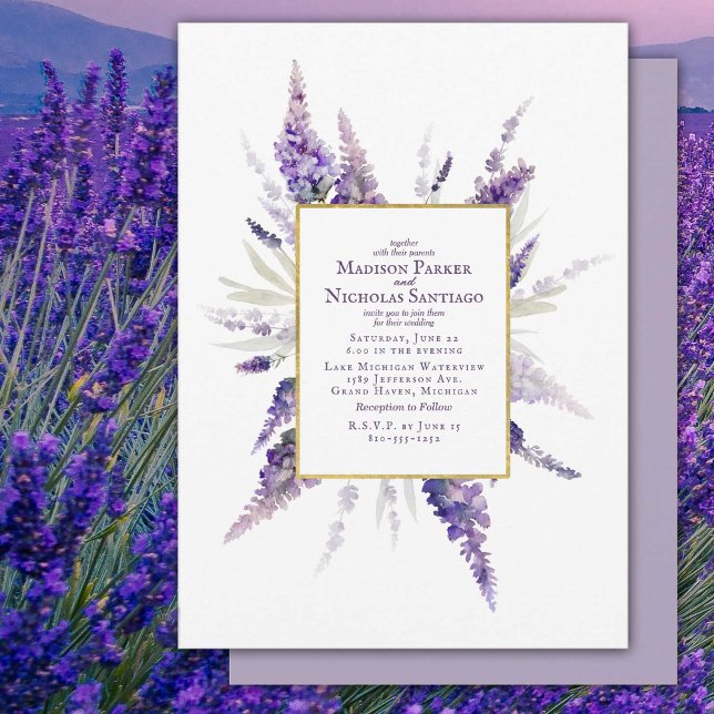 Elegant Lavender Flowers Floral Watercolor Wedding Invitation (Watercolor Lavender under a faux gold foil frame on this beautiful wedding invitation.)