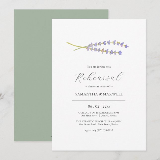 Elegant Lavender Flowers Rehearsal Dinner Invitation (Front/Back)