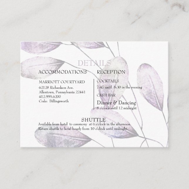 Elegant Lavender Foliag Cash Bar & Shuttle Wedding Enclosure Card (Front)
