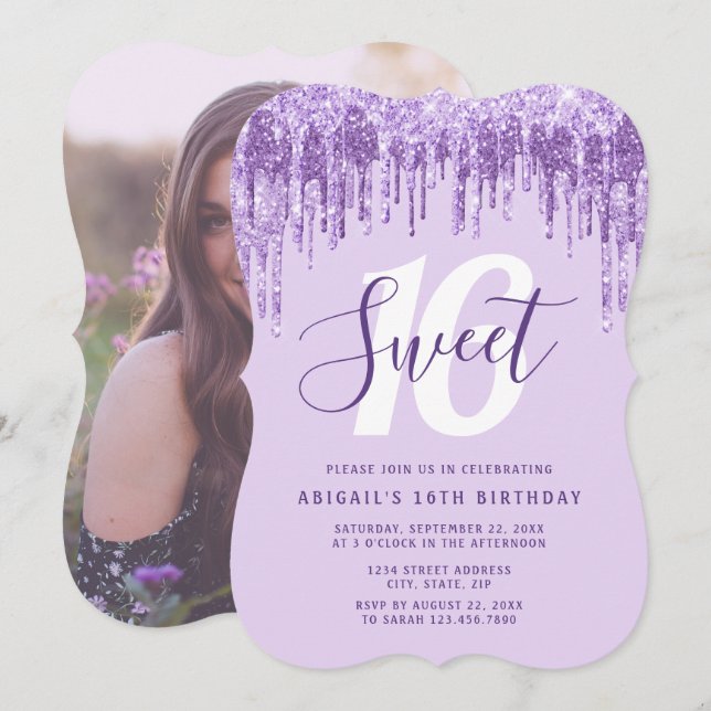 Elegant lavender glitter drips sweet sixteen invitation (Front/Back)