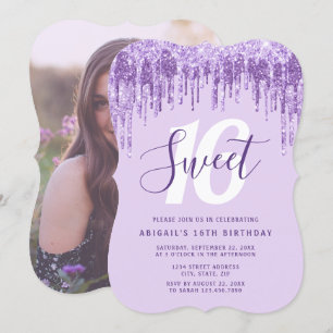 Elegant lavender glitter drips sweet sixteen invitation