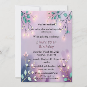 Elegant Lavender Glow Fairy Lights Birthday Party Invitation