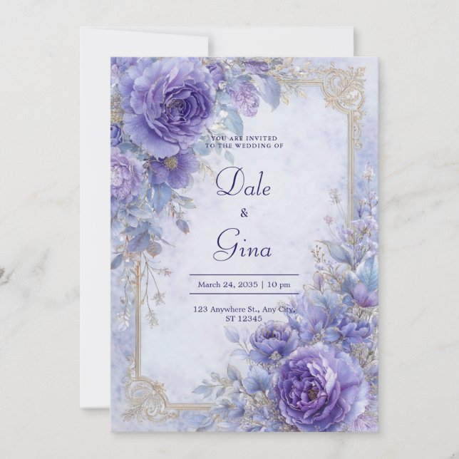 Elegant Lavender & Gold Baroque Floral Wedding Invitation (Front)