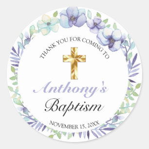 Elegant Lavender Gold Cross Baby Baptism Classic Round Sticker