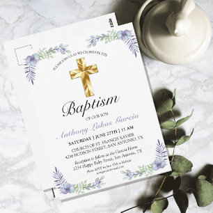 Elegant Lavender Gold Cross Baby Baptism Postcard