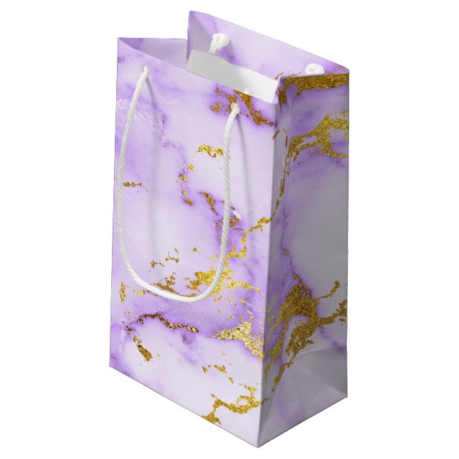 Elegant Lavender Gold Faux Metallic Marble Pattern Small Gift Bag (Back Angled)