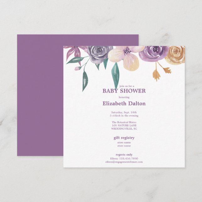 Elegant Lavender & Gold Floral Baby Shower Invitation (Front/Back)