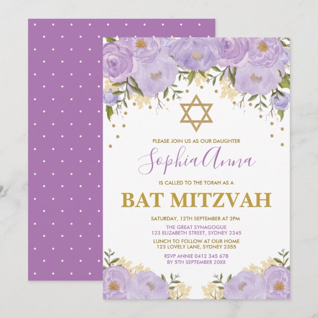 Elegant Lavender & Gold Floral Bat Mitzvah Invitation (Front/Back)