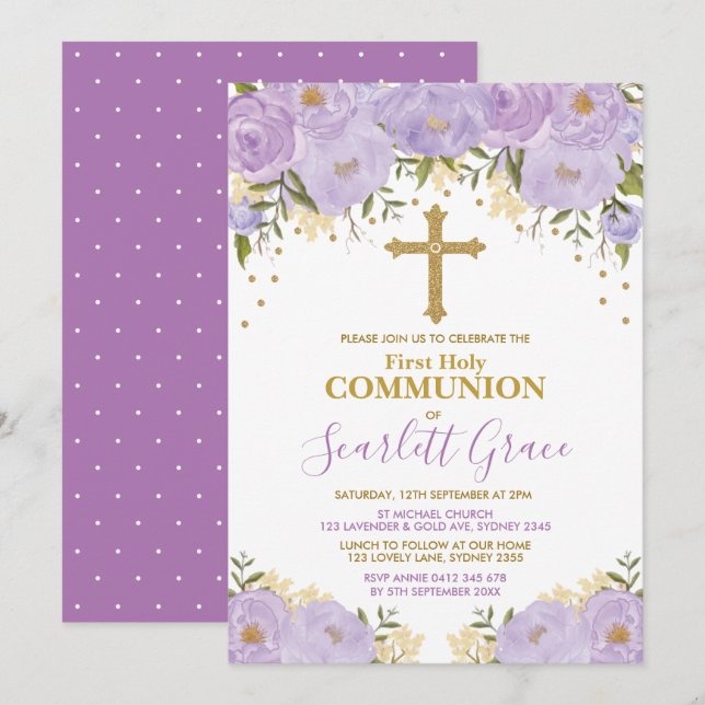 Elegant Lavender & Gold Floral Holy Communion Invitation (Front/Back)