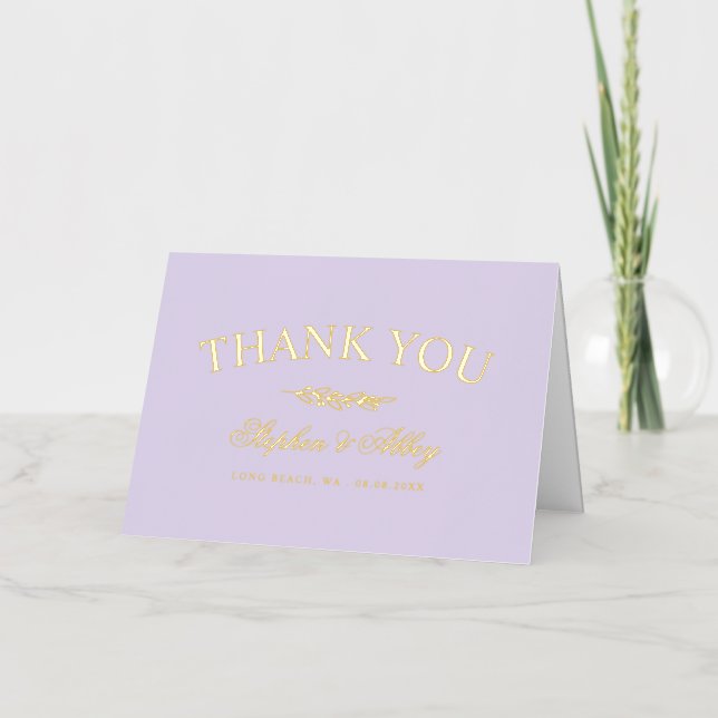 Elegant Lavender & Gold Wedding Thank You Foil Greeting Card (Front)