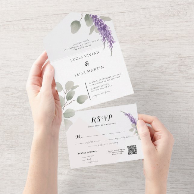 Elegant Lavender Greeny Eucalyptus Leaves Wedding All In One Invitation (Tearaway)