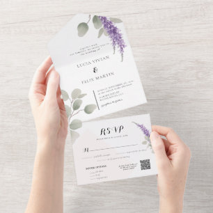 Elegant Lavender Greeny Eucalyptus Leaves Wedding All In One Invitation