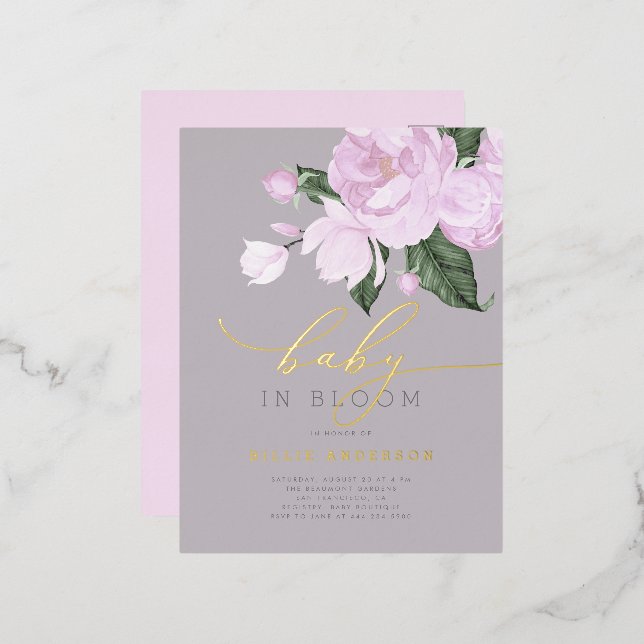 Elegant Lavender Grey Floral Baby in Bloom Shower Foil Invitation Postcard (Front/Back)
