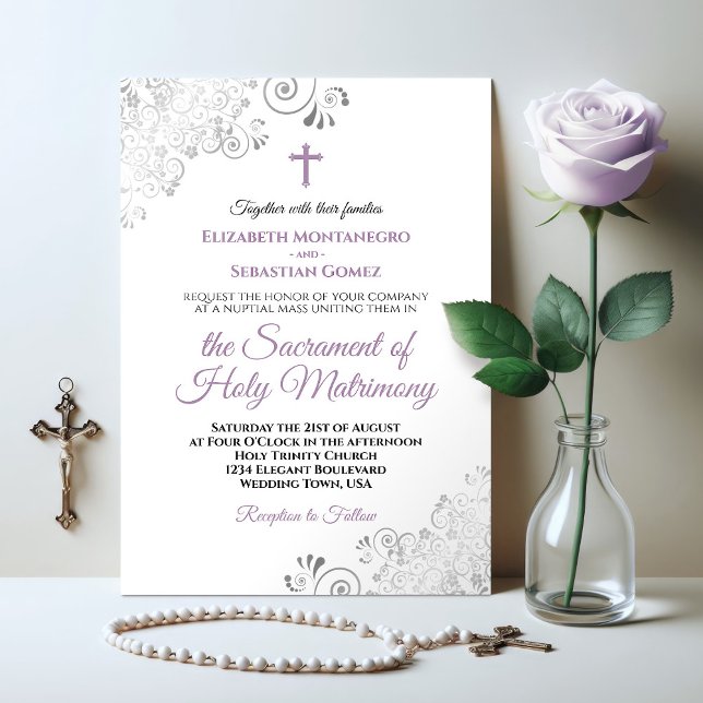 Elegant Lavender & Grey Modern Catholic Wedding Invitation (Creator Uploaded)