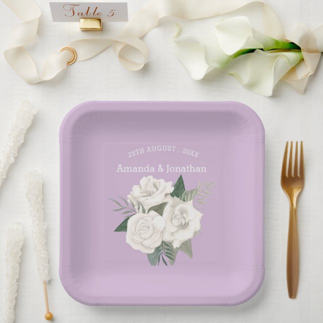 Elegant Lavender Haze and White Roses Wedding  Paper Plate (Wedding)