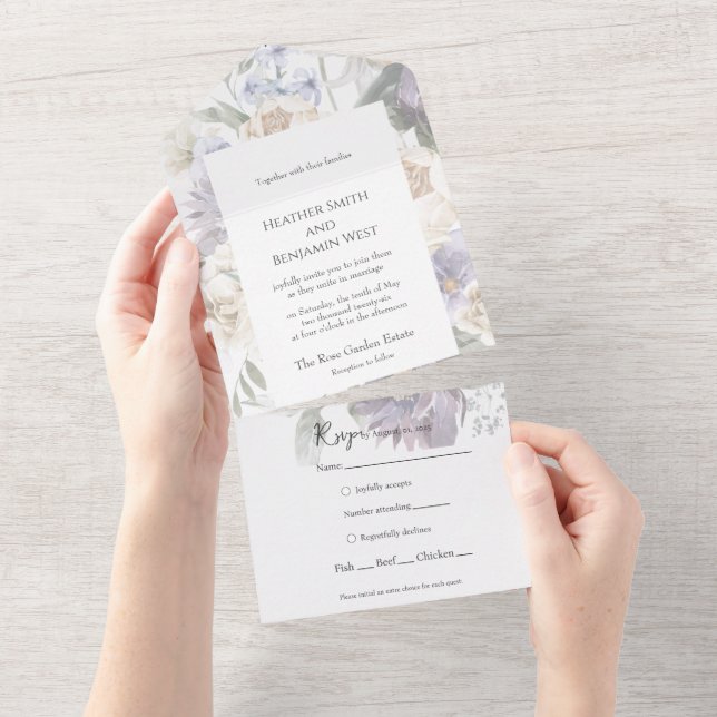 Elegant Lavender, Ivory & Blue Floral All-in-One All In One Invitation (Tearaway)