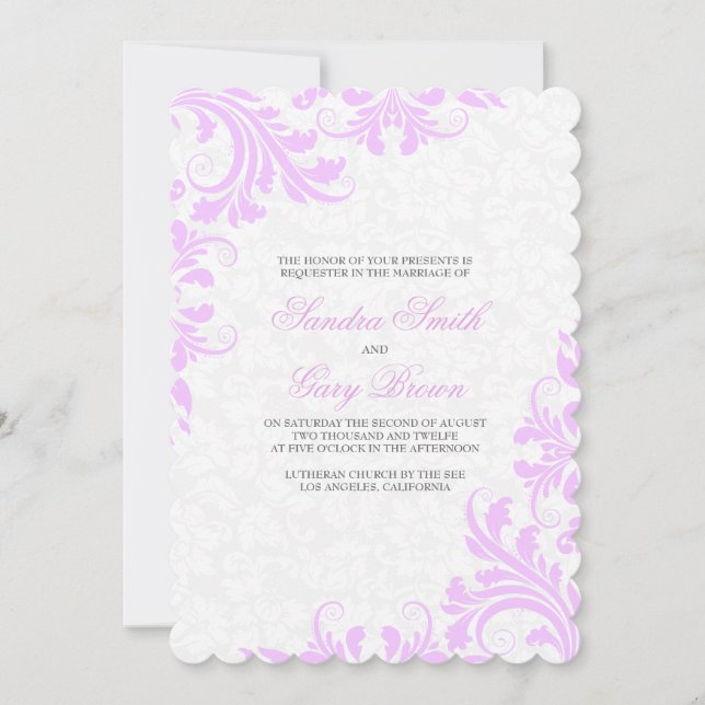 Elegant Lavender Lace White Damasks Wedding  Invitation (Front)