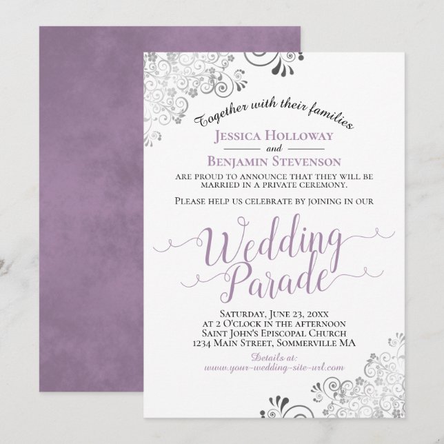 Elegant Lavender & Lacy Grey Wedding Parade Invitation (Front/Back)