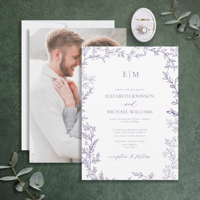 Elegant Lavender Leaf Photo Monogram Wedding Invitation (Creator Uploaded)