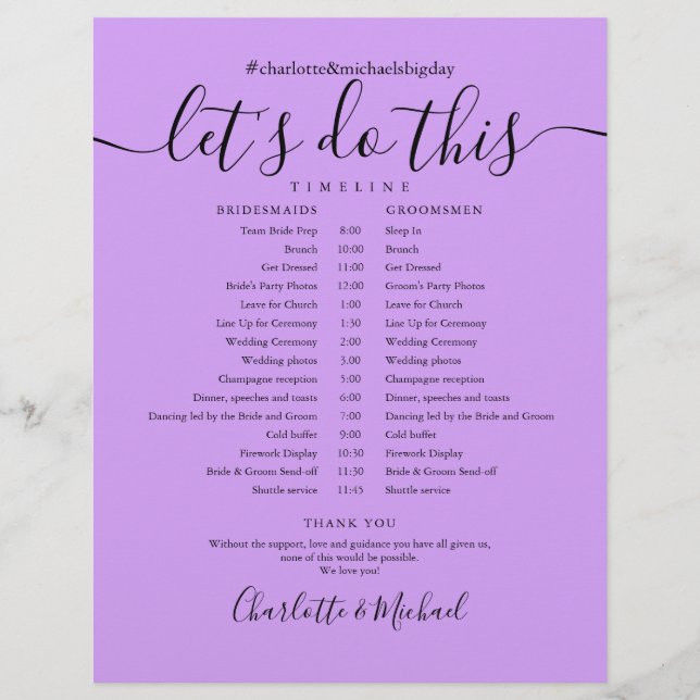 Elegant Lavender Lilac Wedding Schedule Timeline (Front)