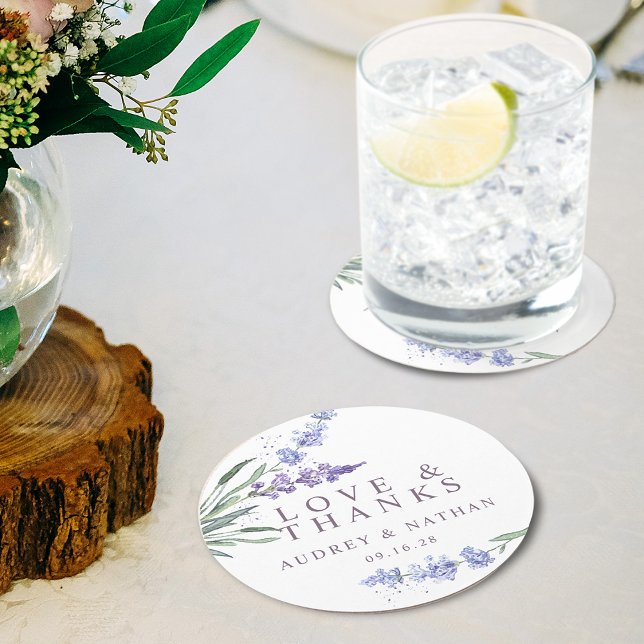 Elegant Lavender Love and Thanks Wedding Favour Round Paper Coaster (Elegant Lavender Love and Thanks Wedding Favor Round Paper Coaster)