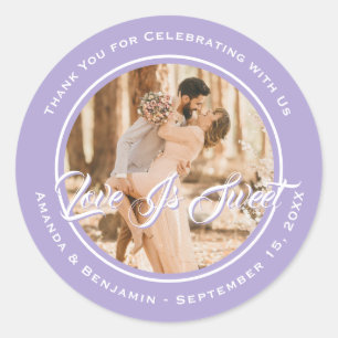 Elegant Lavender Love Is Sweet Wedding Photo Classic Round Sticker