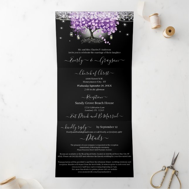 Elegant Lavender Love Purple Heart Leaf Wedding Tri-Fold Invitation (Inside)