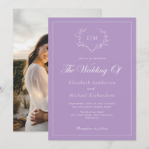 Elegant Lavender Monogram Crest Wedding Photo Invitation