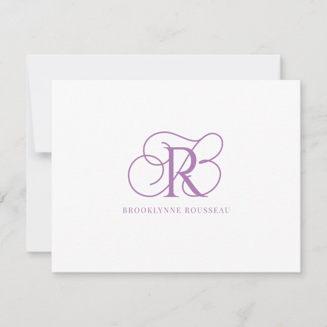 Elegant Lavender Monogram Flat Note Card (Front)